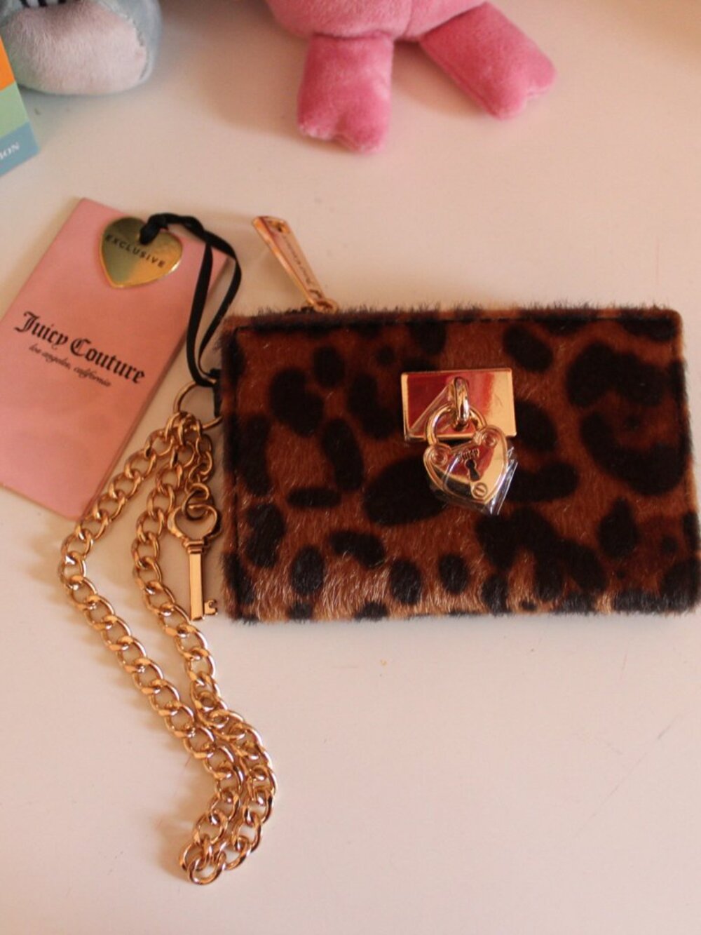 NWT Juicy Couture Leopard Print Lock N Key Bifold Wallet Wristlet Gold Chain